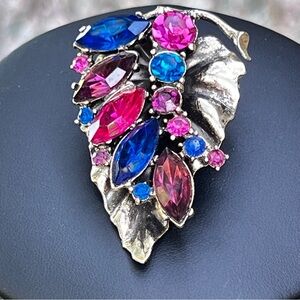 MCM Leaf Shaped Brooch Silver-Toned with Pink, Purple and Blue stones
